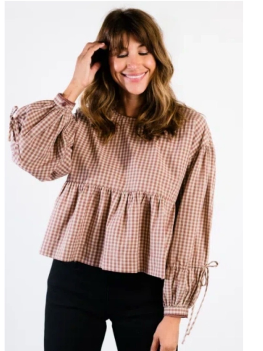 Able Gingham Plaid Puff Sleeve Peplum Boxy Oversized Blouse Brown 3X
